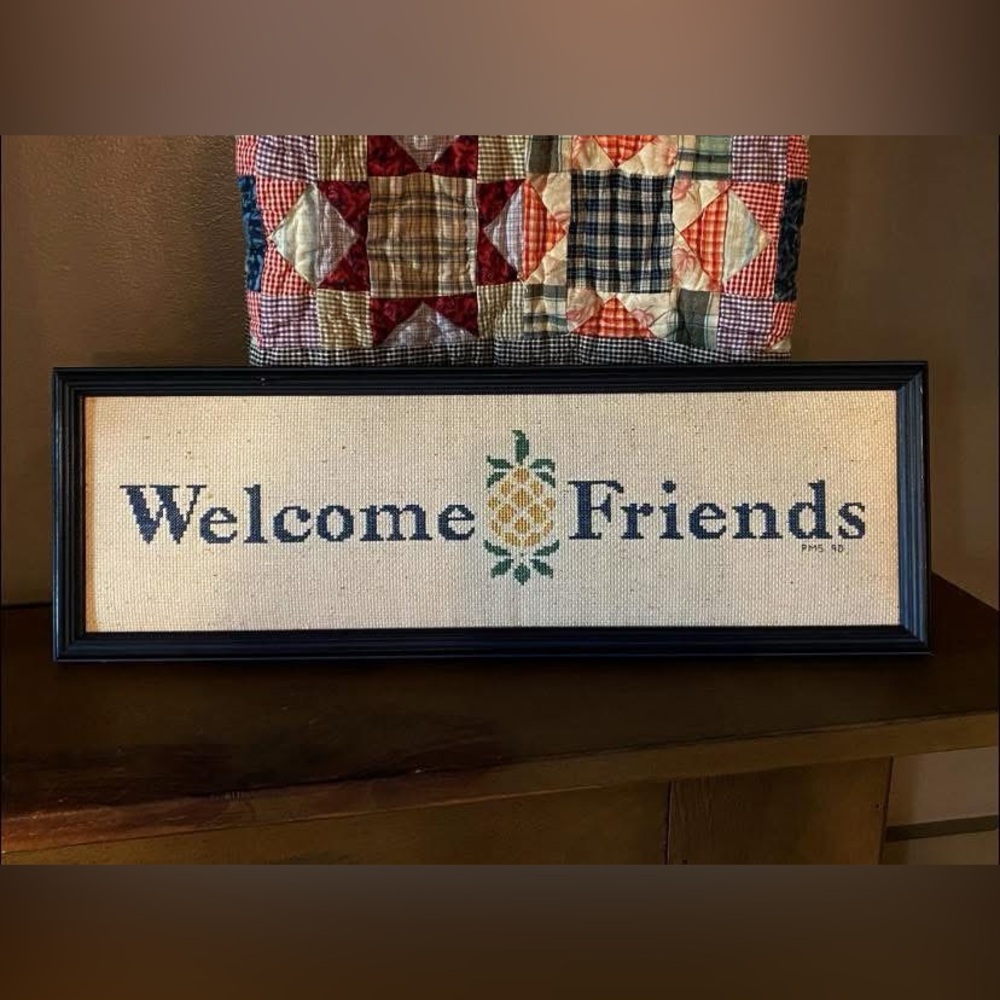 Vintage Welcome Friends Cross-Stitch Wall Art